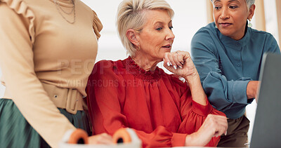 Buy stock photo Senior woman, thinking and laptop in teamwork, meeting or planning for brainstorming idea at office. Group of mature people on computer in team strategy, project plan or startup together at workplace