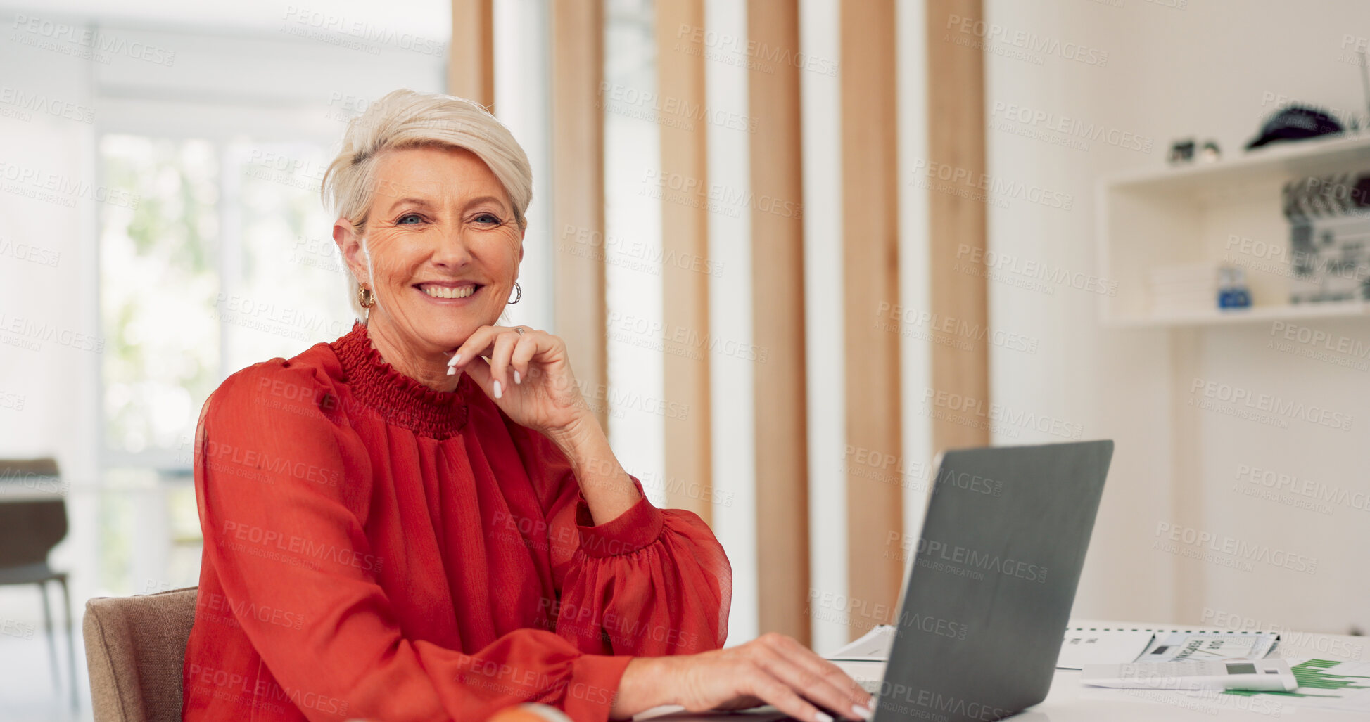 Buy stock photo Business, portrait and senior woman with a laptop, employee and connection with planning, financial report or data analysis. Mature person, accountant or consultant with a pc, online reading or email