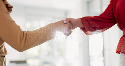 Buy stock photo Creative people, handshake and meeting in thank you, hiring or deal together for teamwork at office. Employees shaking hands in partnership, agreement or recruiting for job in startup at workplace