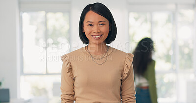 Buy stock photo Business, portrait and Asian woman with smile in office, confident and proud manager in human resources career. Entrepreneur, HR boss or face of happy businesswoman at professional recruitment agency