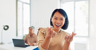 Buy stock photo Creative Asian woman, smile and peace sign walking into the office for happy, excited or positive vibe. Employee, Japanese woman and heart shape hand emoji for corporate attitude in the workplace