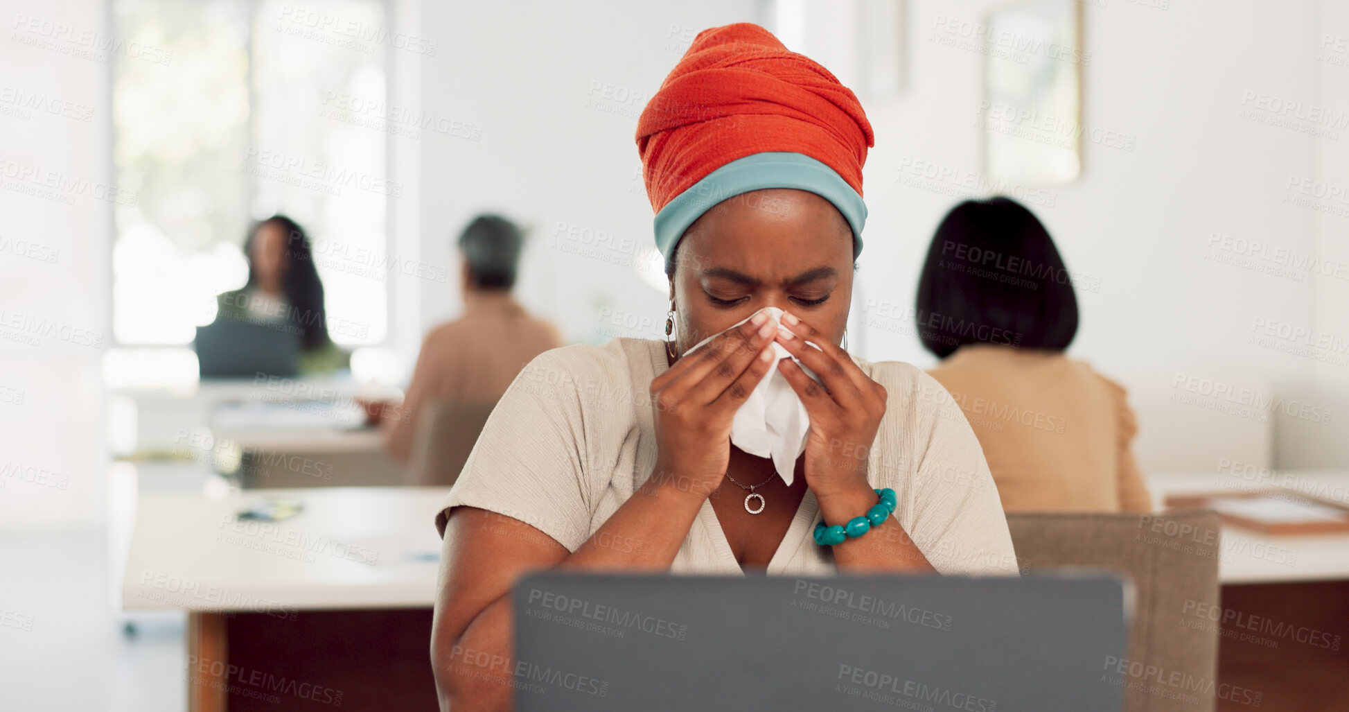 Buy stock photo Office, health and black woman at desk blowing nose with tissue for flu, cold or hay fever. Sick, illness and  businesswoman with toilet paper for allergy, sinus problem and virus risk at laptop.