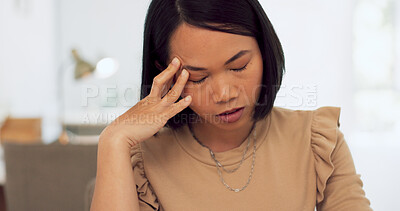 Buy stock photo Stress, headache and asian woman  at job in office with 404 technology glitch. Tired business worker, burnout and computer mistake with anxiety, deadline and depression of problem, crisis and doubt