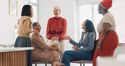 Buy stock photo Business women, diversity and conversation with collaboration and management meeting in workplace. Office people, talking and listening with teamwork, communication and team building and laughing