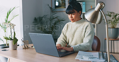 Buy stock photo Laptop, woman and typing information for planning, schedule and content review in modern office. Computer, person and email with strategy analytics for work marketing, research and KPI growth