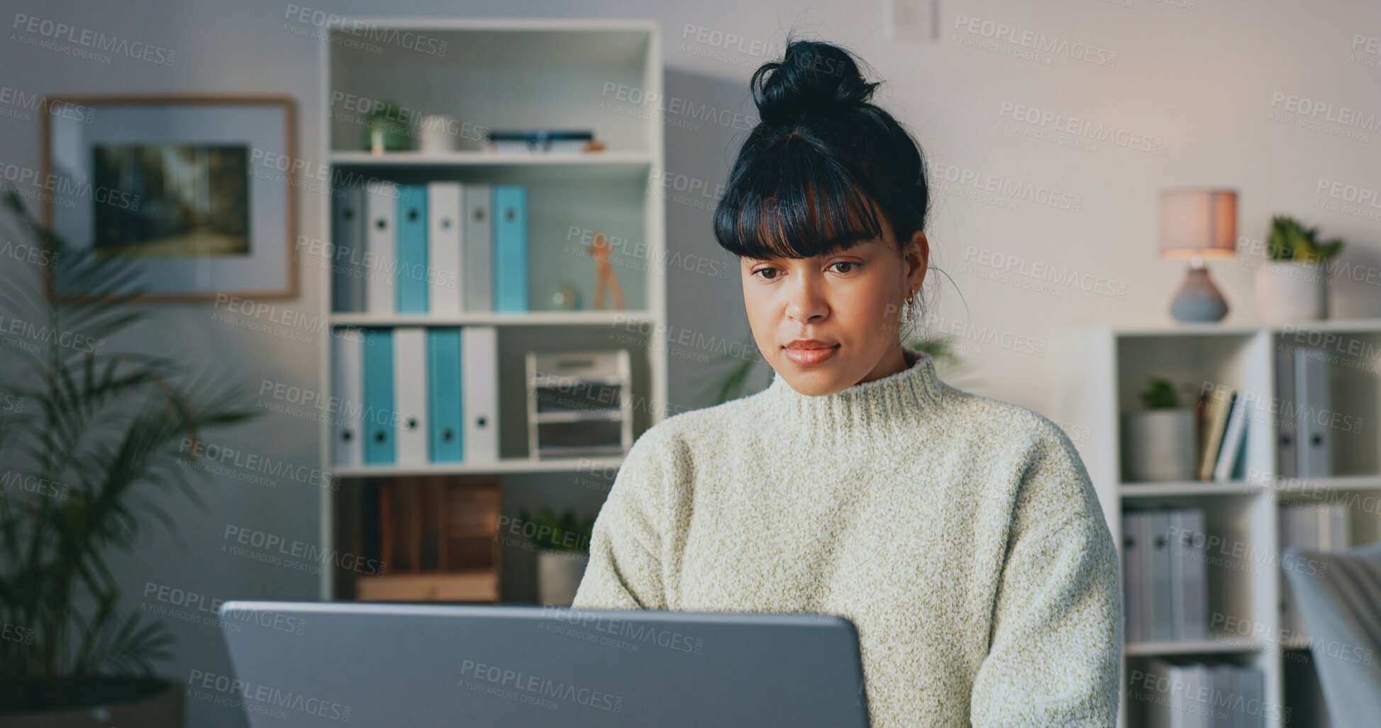 Buy stock photo Laptop, woman and thinking of information for planning, schedule and email review in home office with focus face. Person, computer and tech with strategy analytics for work, research and KPI growth