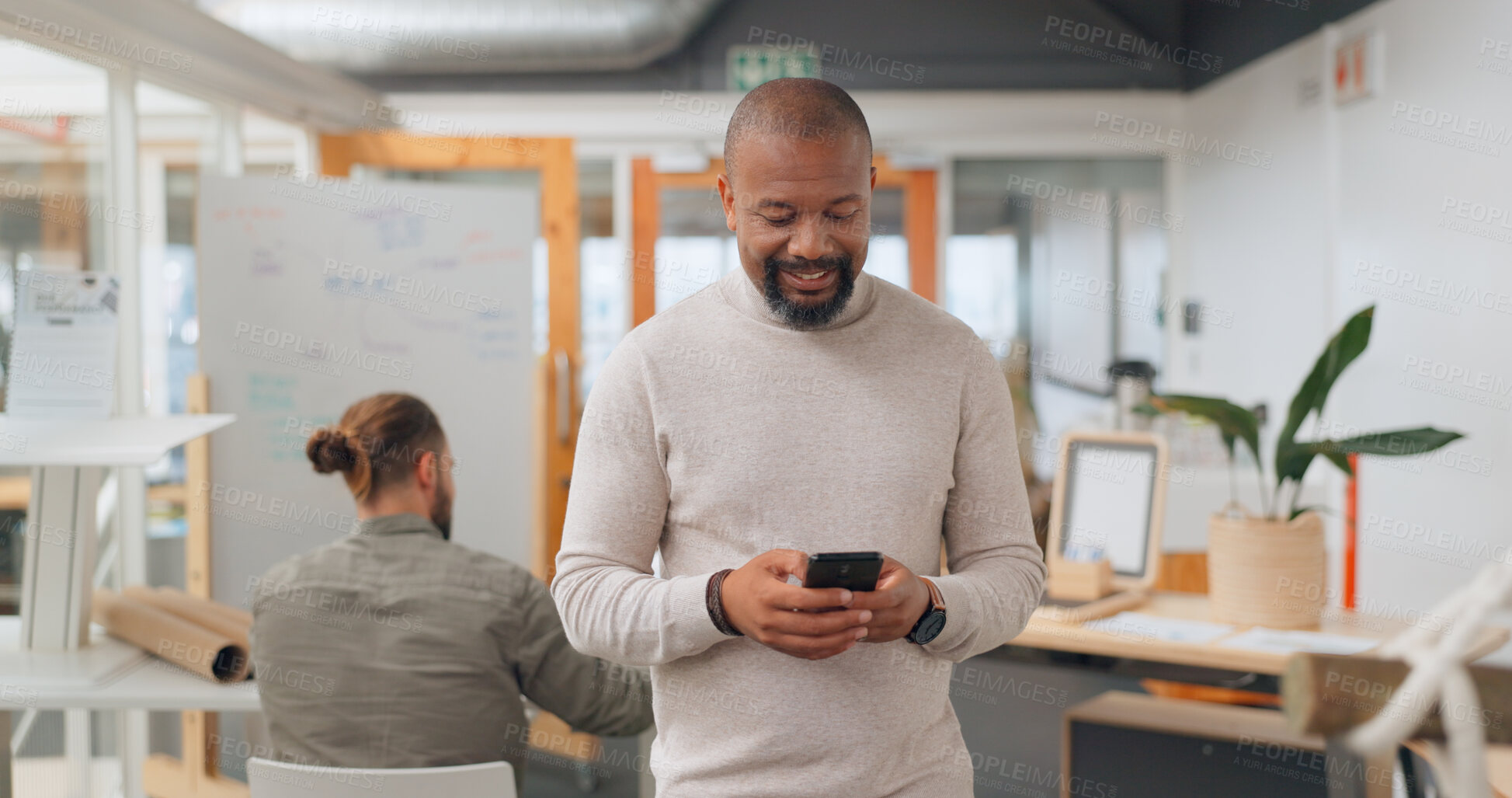 Buy stock photo Business, employee and black man with a cellphone, office and connection with typing, search internet and network. African person, worker and consultant with a smartphone, social media and blog post