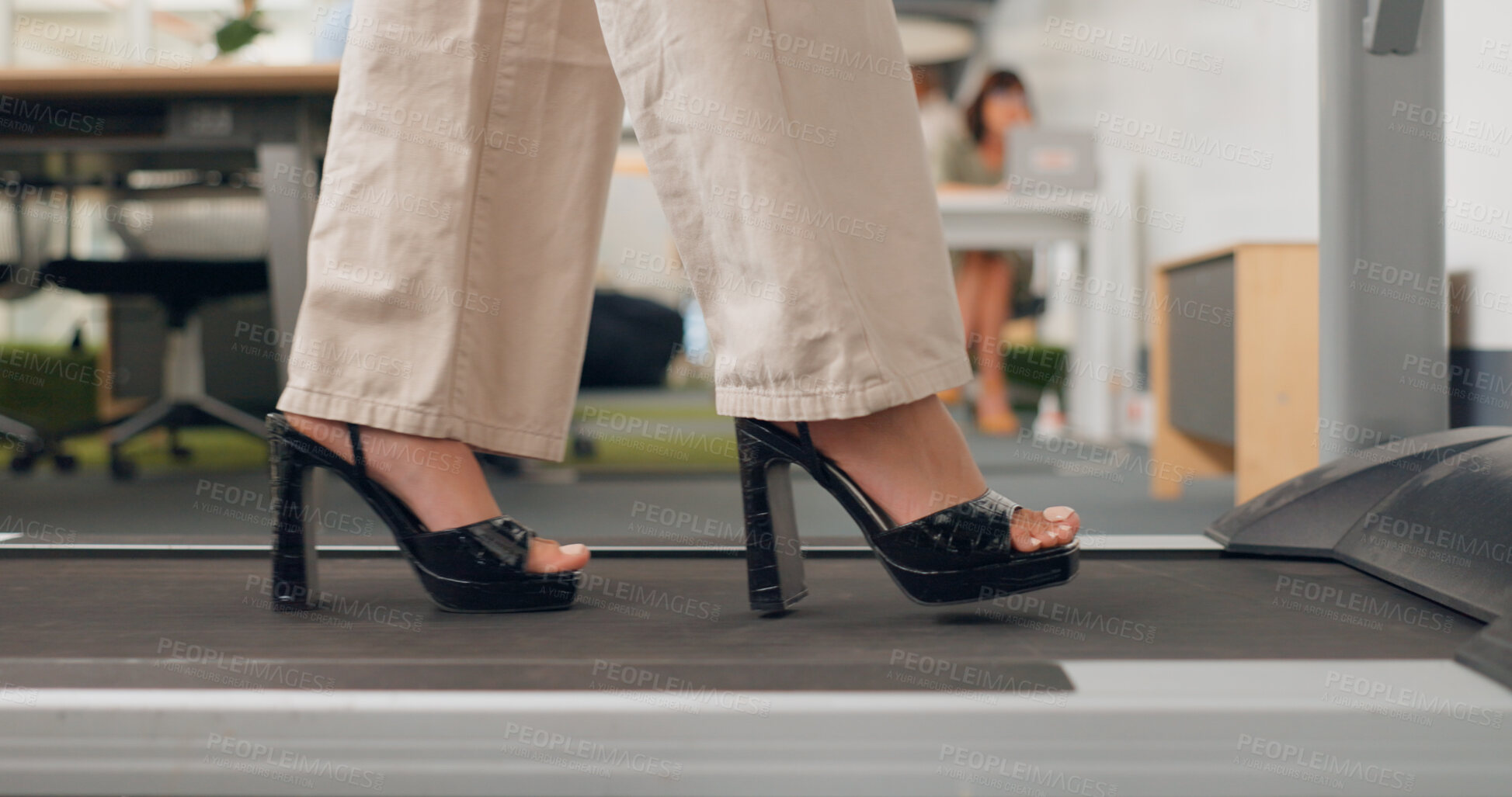 Buy stock photo High heels, walking and woman on a treadmill in business, office and exercise in workplace for fitness, health or cardio. Corporate, employee and professional shoes, feet and moving or calm workout