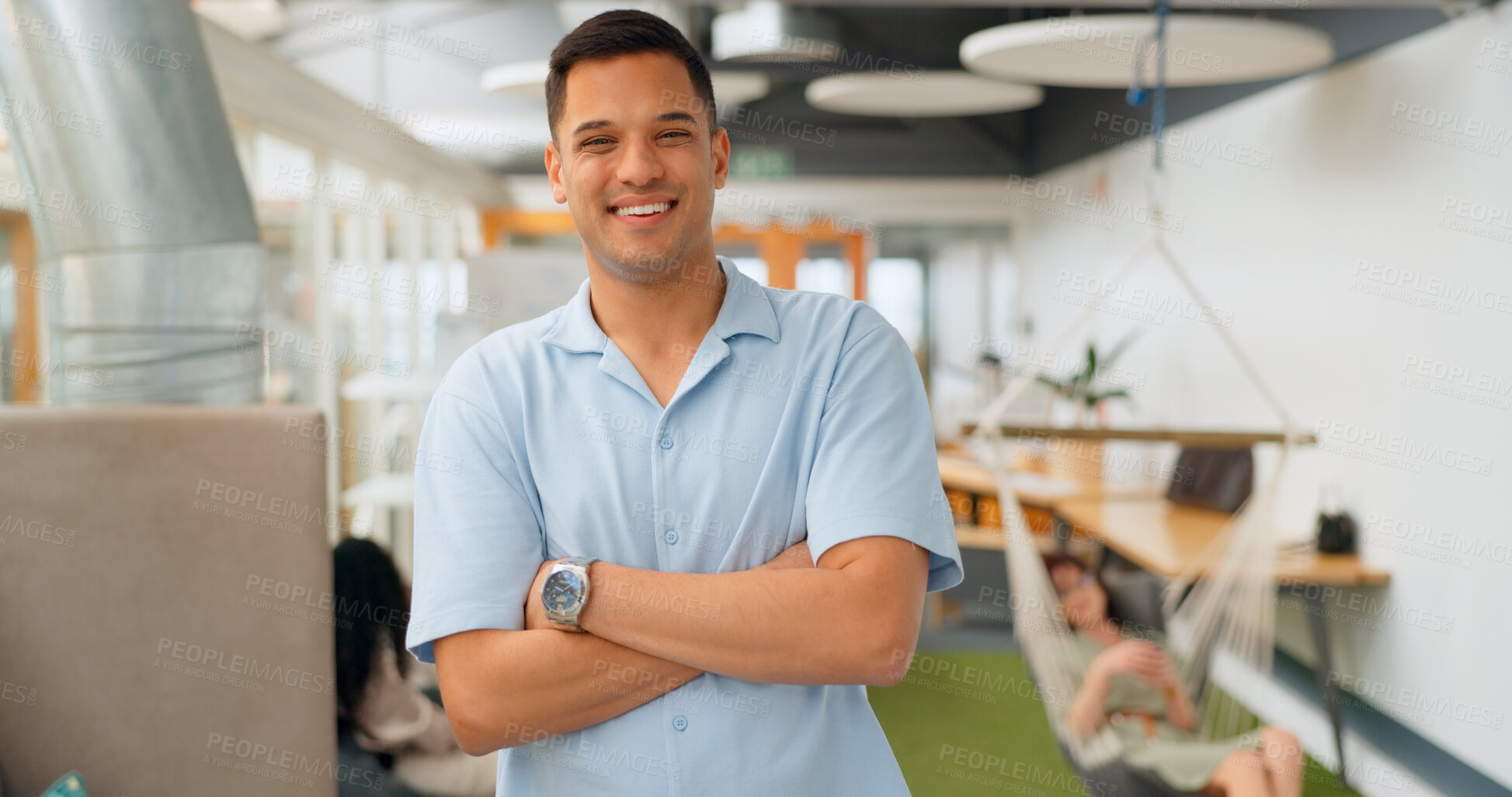 Buy stock photo Portrait, smile and man with arms crossed, business and employee in a modern office, funny and creative consultant. Face, happy person or entrepreneur in a workplace, casual outfit and events planner