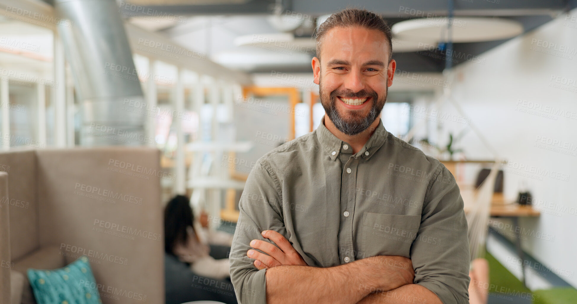 Buy stock photo Creative business, crossed arms and portrait of man with smile for success, pride and mission. Company startup, marketing agency and happy entrepreneur in office for planning, ideas and mindset