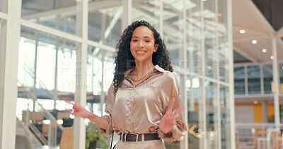 Buy stock photo Portrait, business and woman with peace sign, support and smile with agreement, feedback and employee. Face, person and entrepreneur with hand gesture, promotion and review with agreement and startup