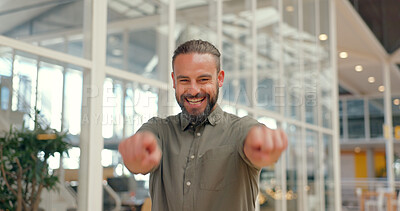 Buy stock photo Portrait, pointing to you and man with a smile, business and motivation with support, agreement and employee. Face, person and entrepreneur with hand gesture, professional and choice with decision