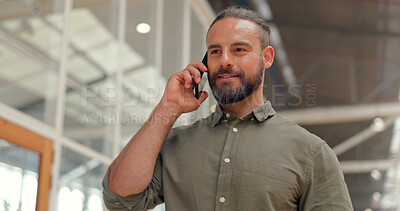 Buy stock photo Phone call, walking and happy businessman office corridor and talking on mobile conversation. Connection, networking and smile by a young employee chatting on his smartphone at work or startup