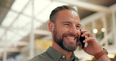 Buy stock photo Face, smile and phone call with a business man in the office for communication or networking closeup. Contact, happy and planning with an employee speaking on his mobile for company negotiation