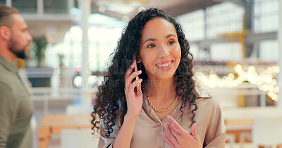 Buy stock photo Phone call, walking and happy business woman office corridor and talking on her mobile conversation. Connection, networking and smile by a young employee chatting on her smartphone at work or startup