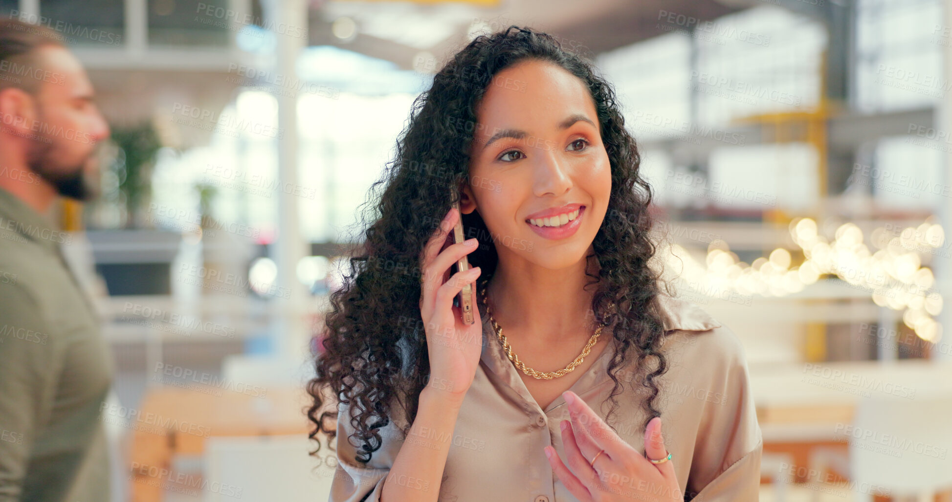 Buy stock photo Phone call, walking and happy business woman office corridor and talking on her mobile conversation. Connection, networking and smile by a young employee chatting on her smartphone at work or startup