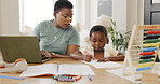 Teaching, learning and black family and child in home with laptop and color book happy with online education, kids website and online digital guide. Happy african mother with girl writing development