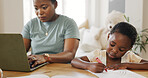 Mother typing on laptop with kid in living room and kiss child care support in working from home online. African girl drawing at table, black mom writing business email and elearning technology