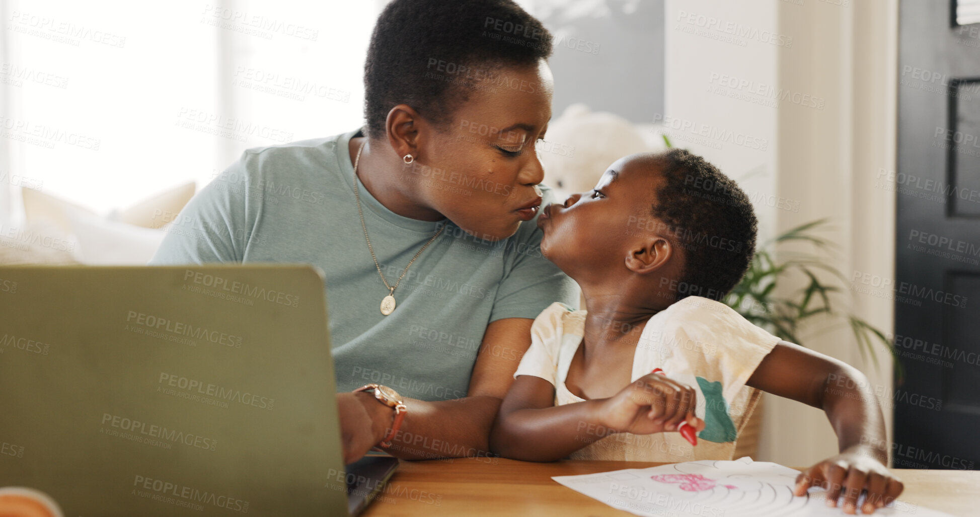 Buy stock photo Kiss, laptop or remote work and a black woman with her daughter in the living room for business or education. Family, love or distance learning with a parent and her girl child working at a table