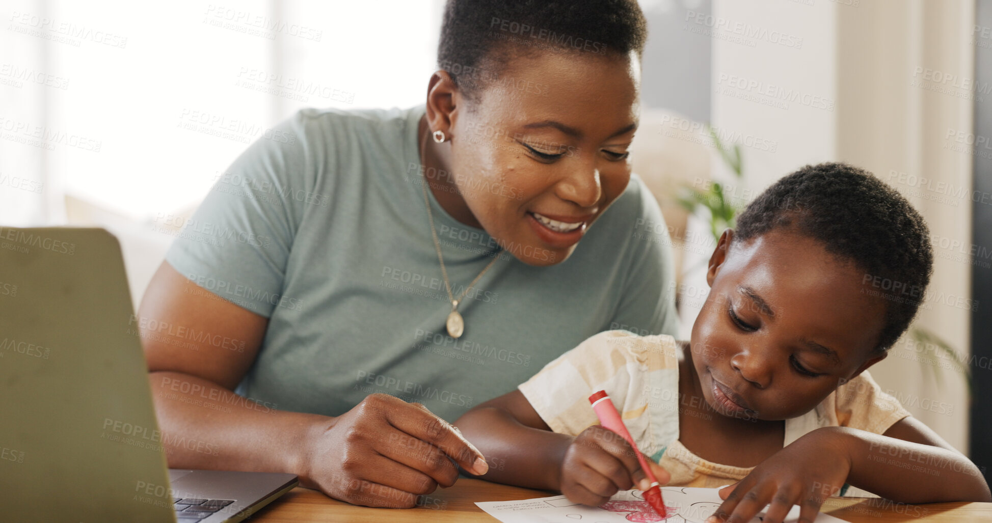 Buy stock photo Studying, laptop and mother doing elearning with child for knowledge development at home. Education, online class and black woman helping boy kid with homework on computer in dining room at a house.