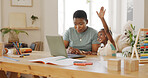 Black family, education and celebrate e learning child development skills on laptop at home. Happy african woman clap hands, excited boy and well done, success or cheering good job for school work