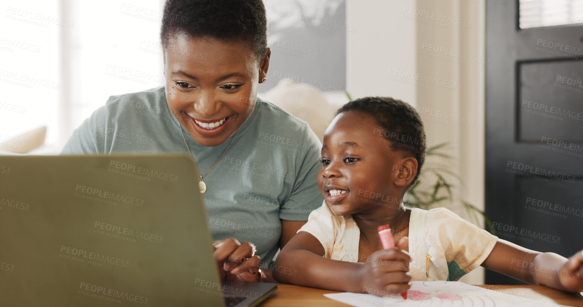 Buy stock photo Education, computer and mom doing elearning with child for knowledge development at home. Technology, online class and black woman helping boy kid with homework on laptop in dining room at a house.