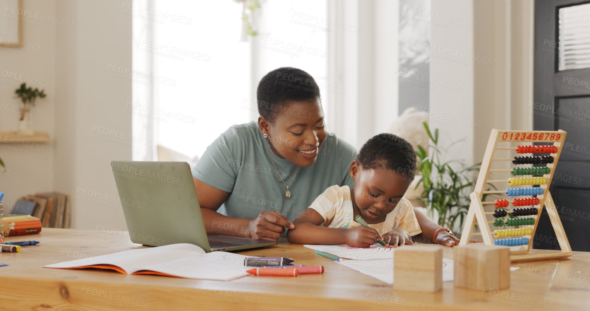 Buy stock photo Education, laptop and mom doing elearning with student for knowledge development at home. Technology, online class and black woman helping boy kid with homework on computer in dining room at a house.