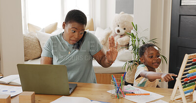 Laptop, phone call and busy mother with kid for work from home, child education care and administration management job in living room. Productivity, cellphone and black woman mom with baby attention