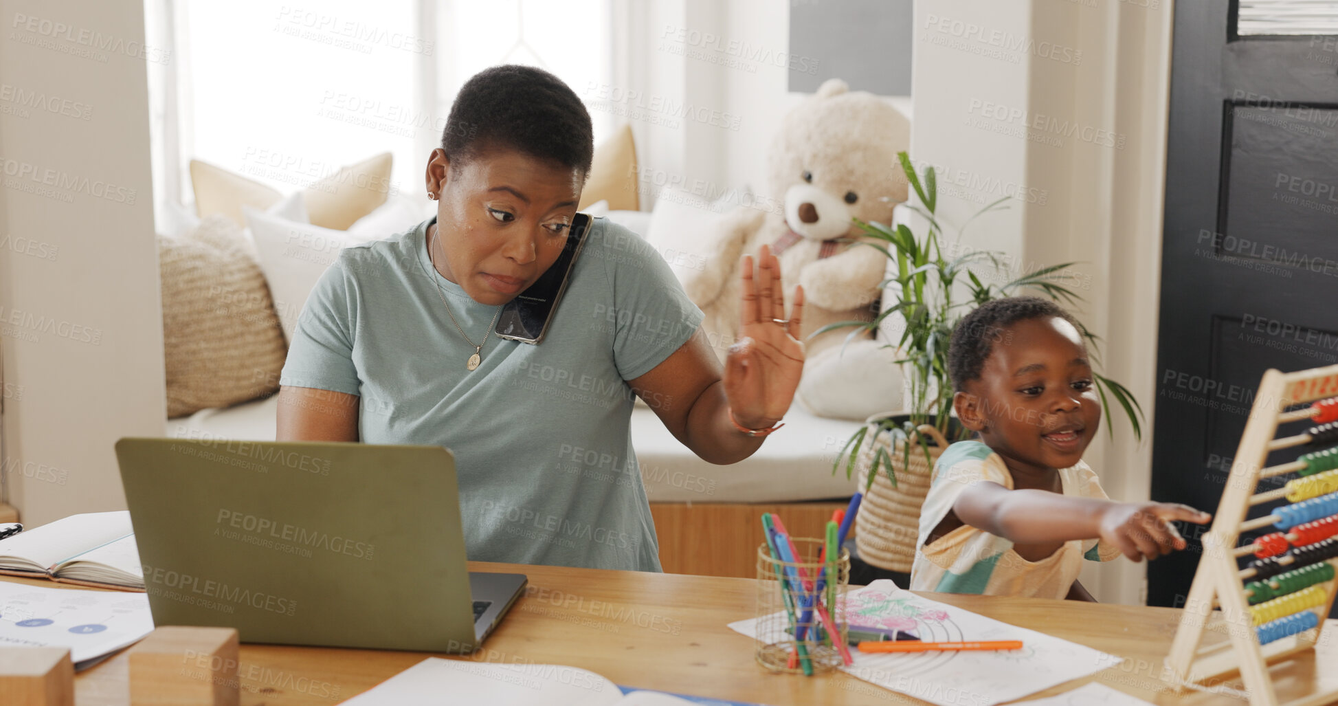 Buy stock photo Laptop, phone call and busy mother with child, home and education care with productivity, speaking and attention. Black woman, mama or kid with activity, learning and mom talking, smartphone and sign