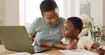 Teaching, learning and black family and child in home with laptop and color book happy with online education, kids website and online digital guide. Happy african mother with girl writing development