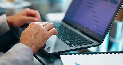 Closeup hands typing, laptop and businessman with schedule planning, calendar and goals for company. Mobile computer keyboard, analytics and data for growth, development or report in modern office