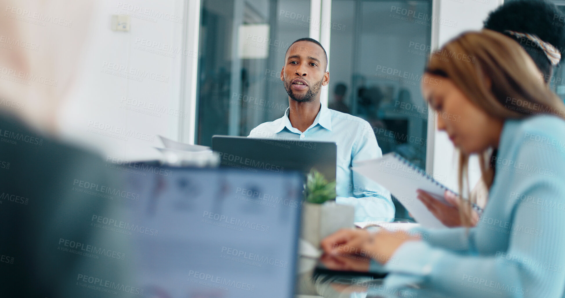 Buy stock photo Teamwork, data analysis or business people in meeting on laptop for data analytics, planning or project management. Research, black man or collaboration on tech for communication, feedback or review