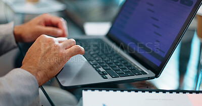 Closeup hands typing, laptop and businessman with schedule planning, calendar and goals for company. Mobile computer keyboard, analytics and data for growth, development or report in modern office