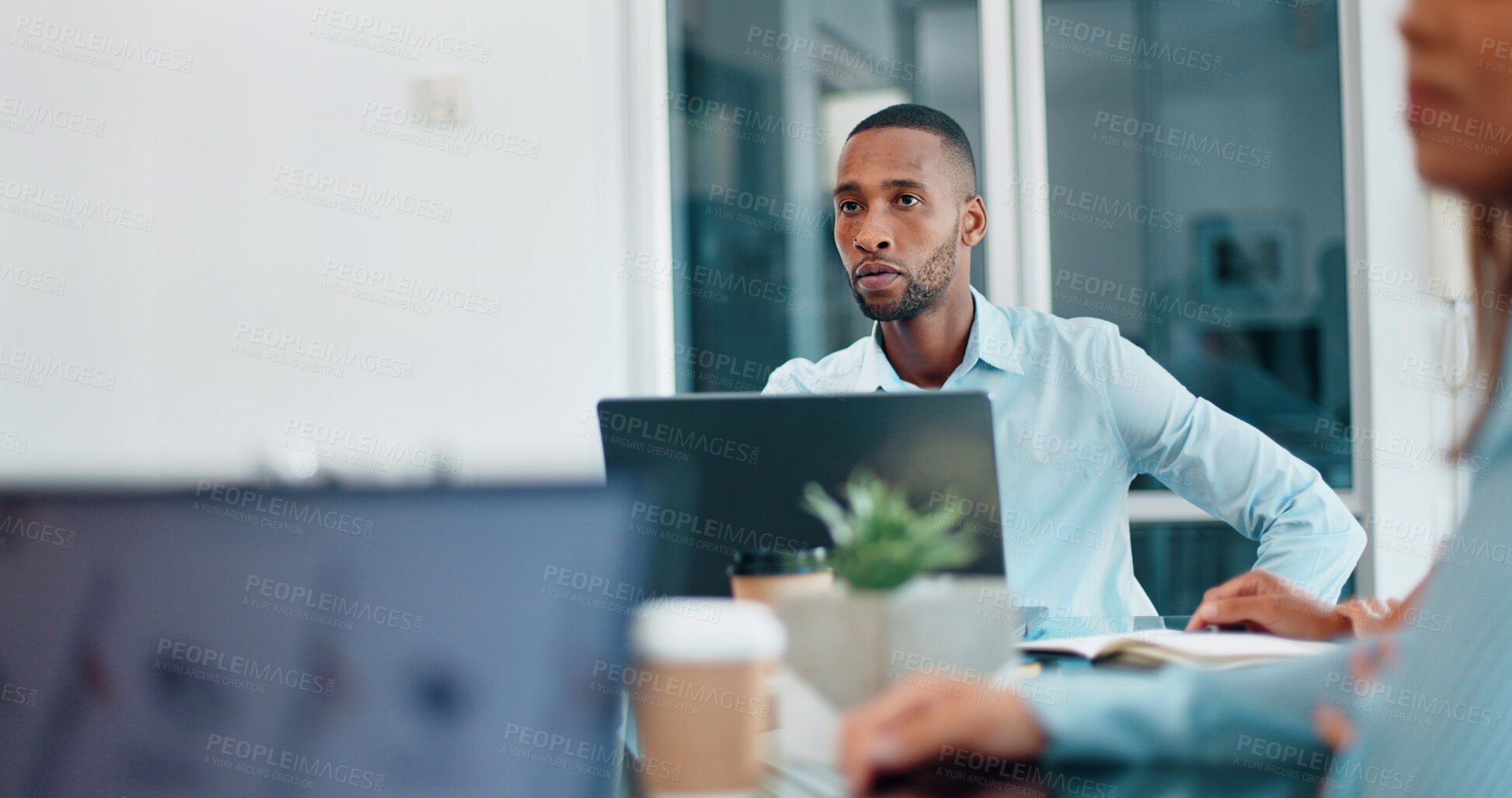 Buy stock photo Corporate, black man or business people in meeting on laptop for analytics, planning or research. Project management, discussion or group collaboration on tech for communication, feedback or review 