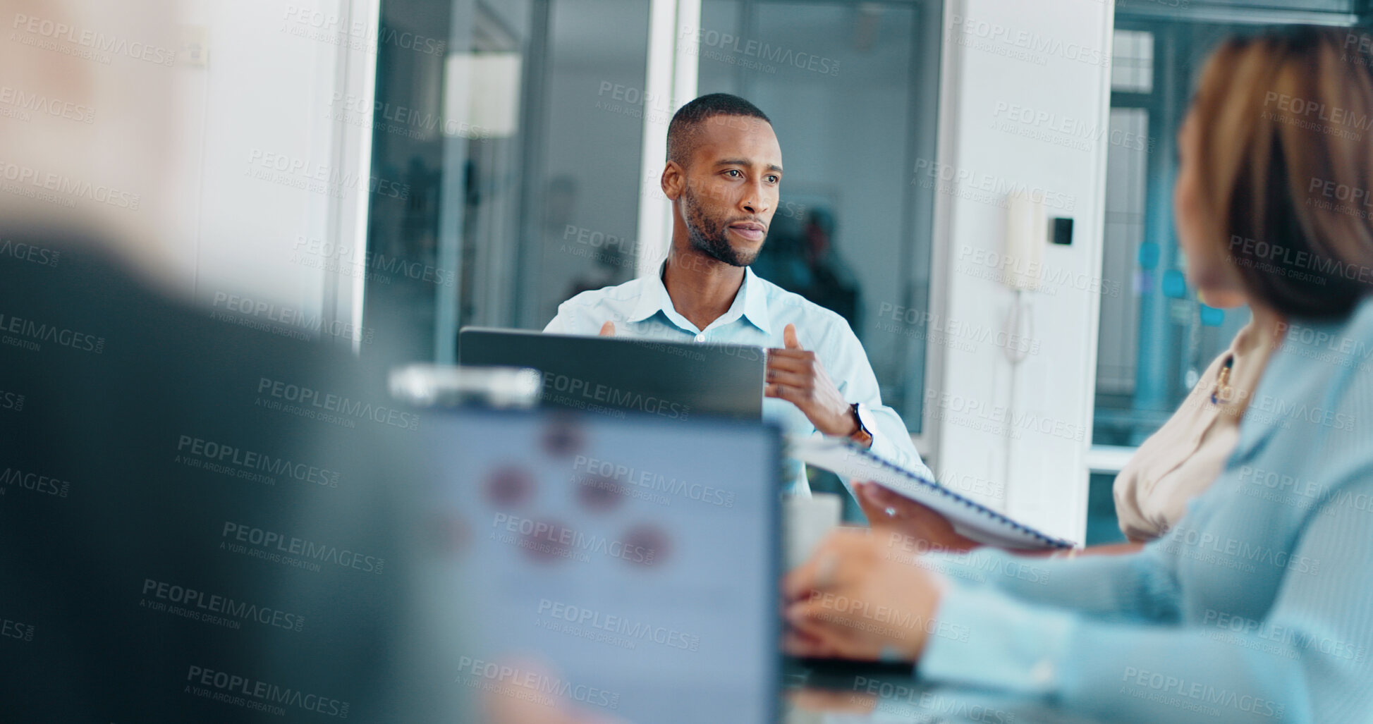 Buy stock photo Group, black man or business people in meeting on laptop for analytics, teamwork or planning research. Project management, discussion or collaboration on tech for communication, feedback or review 