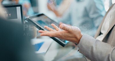 Businessman, hands and tablet in digital marketing for corporate planning, strategy or web design at the office. Hand of executive testing website in discussion for idea, UX or homepage in boardroom