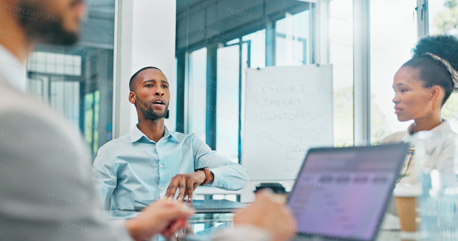 Buy stock photo Leadership, black man or business people in meeting on laptop for data analytics, planning or project management. Research, discussion or team collaboration for communication, feedback or review