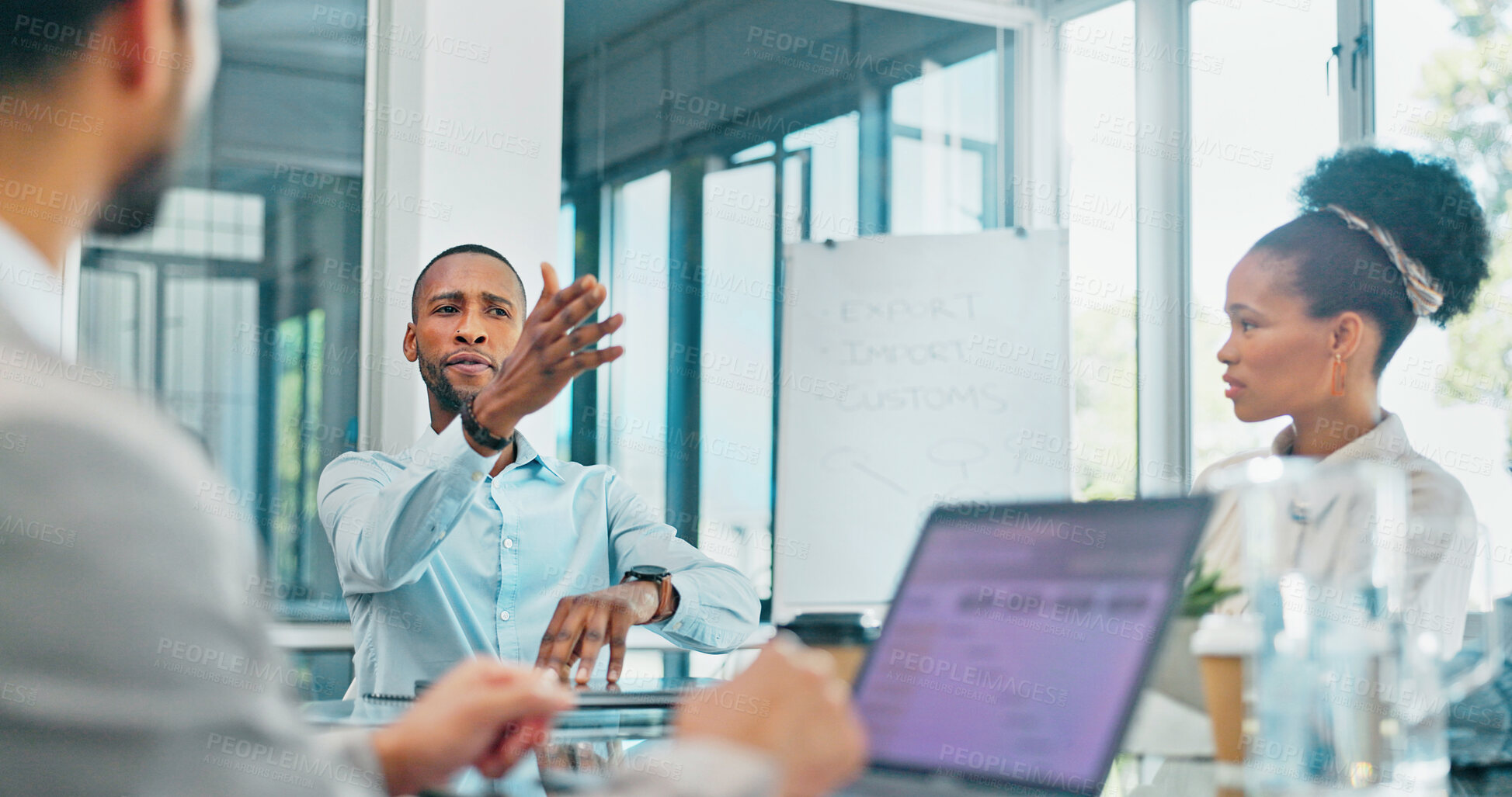 Buy stock photo Speaking, black man or business people in meeting on laptop for data analytics, planning or project management. Research, group discussion or team collaboration for communication, feedback or review