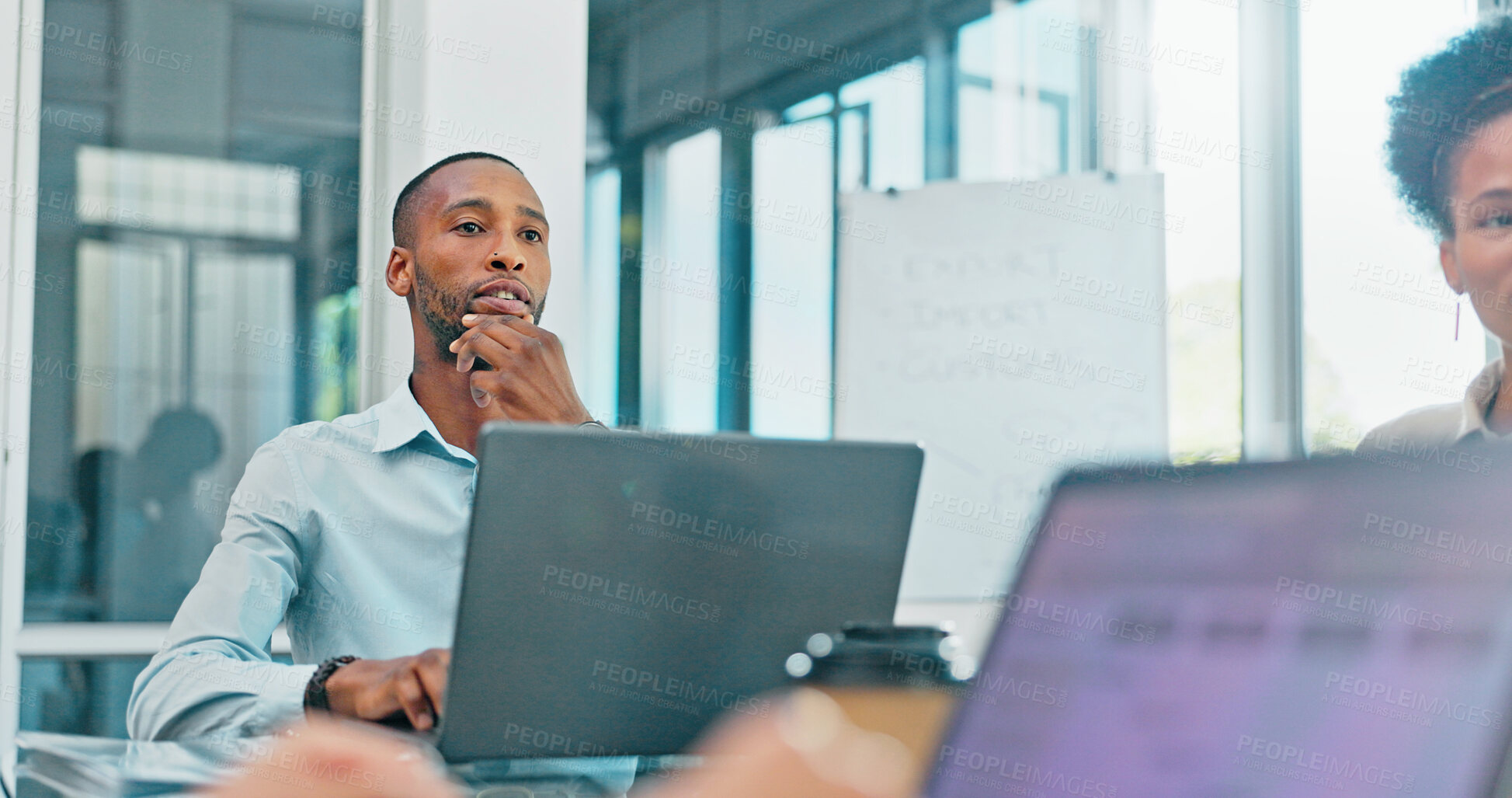 Buy stock photo Research, black man or business people in meeting on laptop for data analytics or project management. Discussion, group planning or team collaboration for communication, feedback or online review