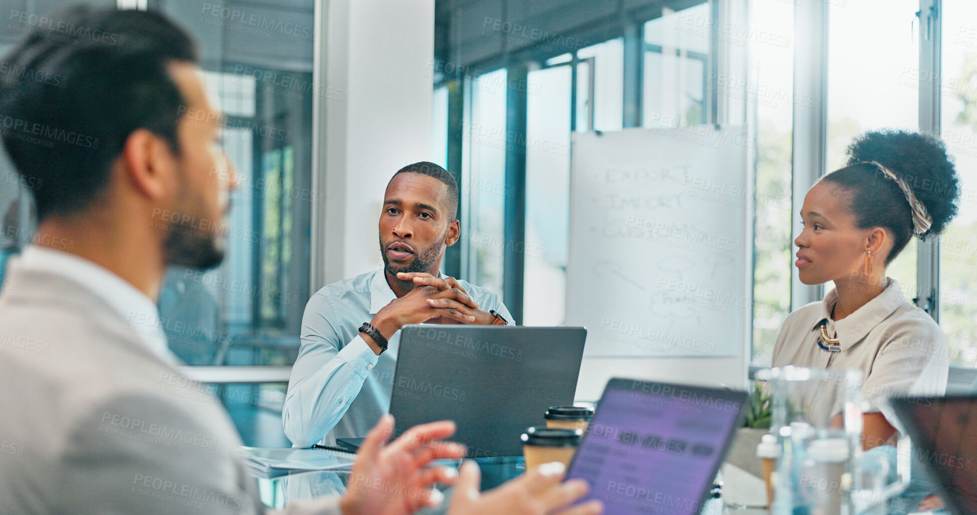 Buy stock photo Meeting, planning and business people in office with laptop, teamwork or strategy, talk or brainstorming. Idea, collaboration and designer team with problem solving or project management discussion