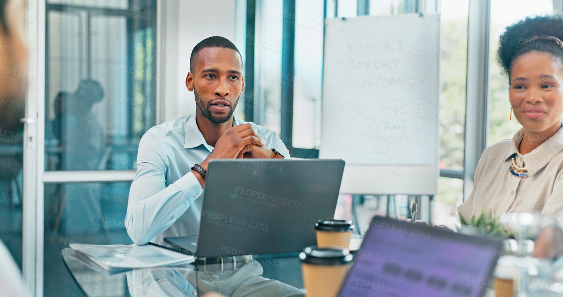 Buy stock photo Company, black man or business people in meeting on laptop for analytics, planning or research. Project management, teamwork or group collaboration on tech for agenda, discussion or team feedback