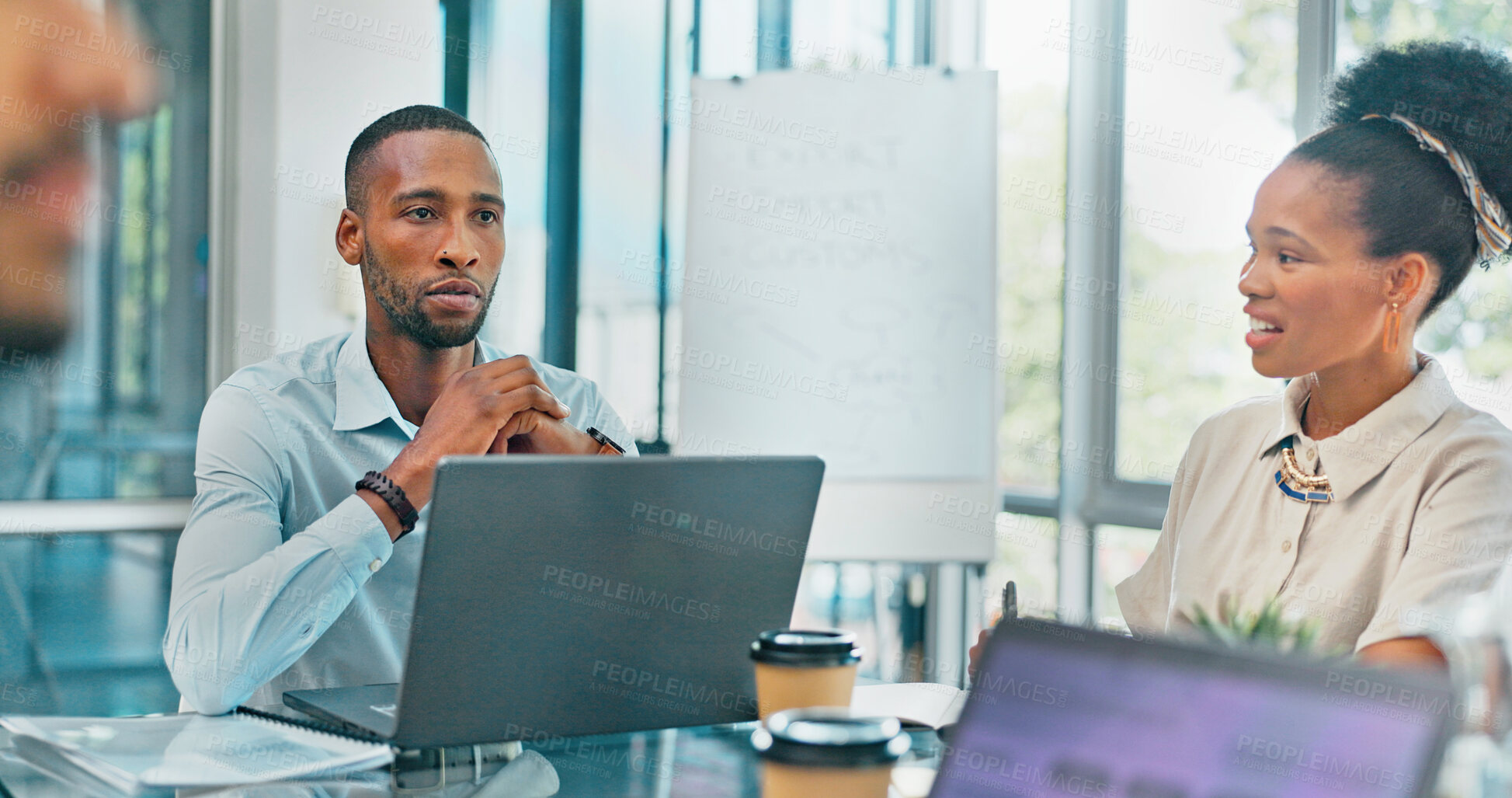 Buy stock photo Leader, laptop or black people in business meeting for analytics, planning or research in office. Project management, teamwork or group collaboration on tech for agenda, discussion or team feedback