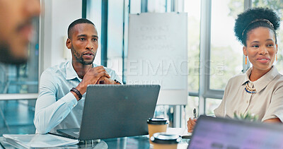 Corporate, black man and team in meeting, brainstorming and feedback for new project, discussion and planning. Staff, African American male leader and employees share ideas, collaboration and talking