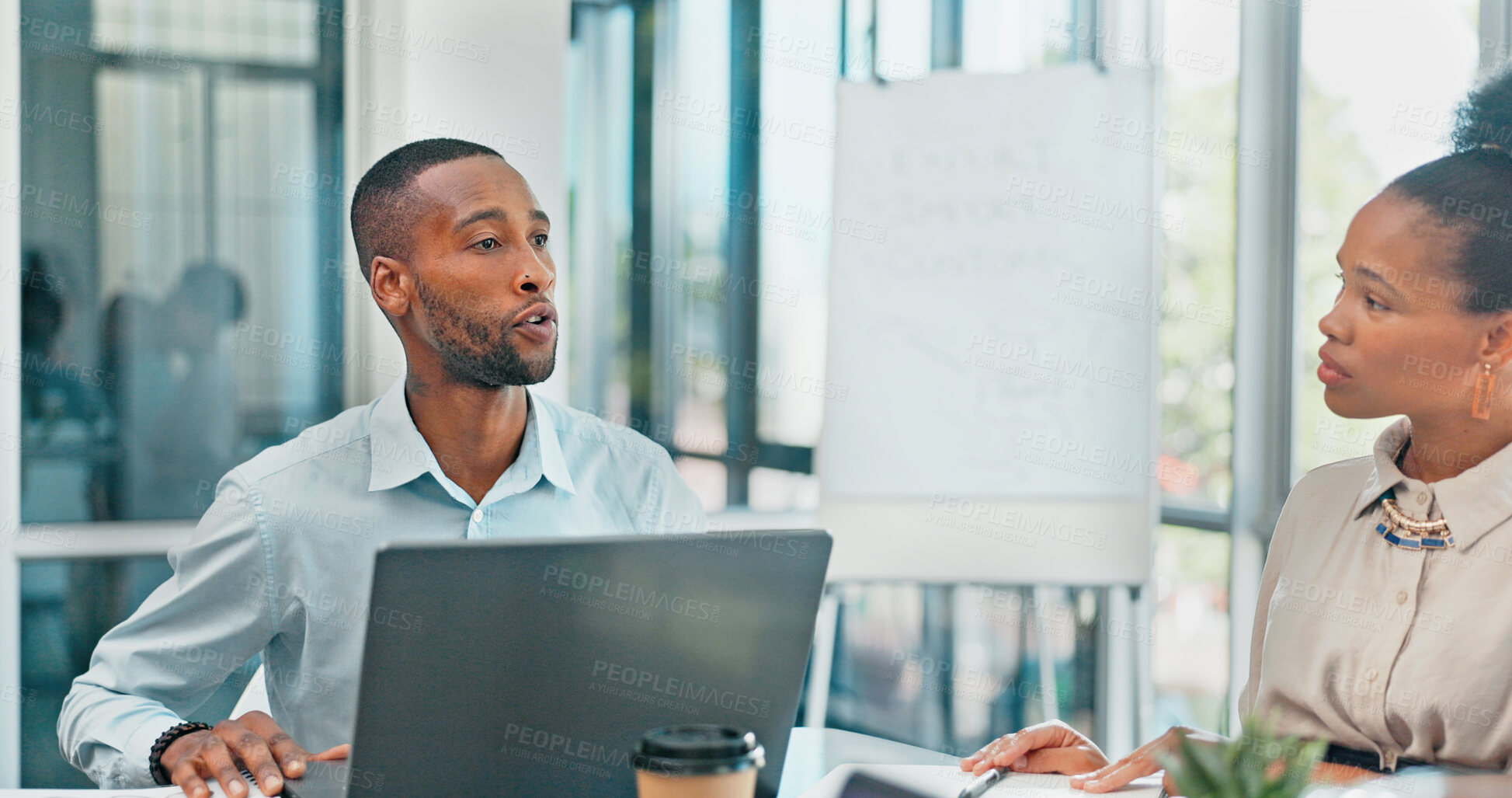 Buy stock photo Communication, black man or business people in meeting on laptop for analytics, planning or research. Project management, discussion or group collaboration on tech for agenda, feedback or team review