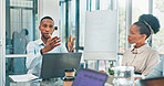 Corporate, black man and team in meeting, brainstorming and feedback for new project, discussion and planning. Staff, African American male leader and employees share ideas, collaboration and talking