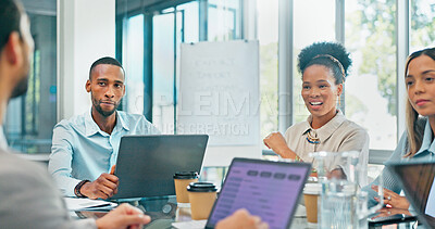Communication, networking or business people in meeting with laptop for analytics, planning or project management in office. Research, paper or collaboration on tech for teamwork, strategy or review