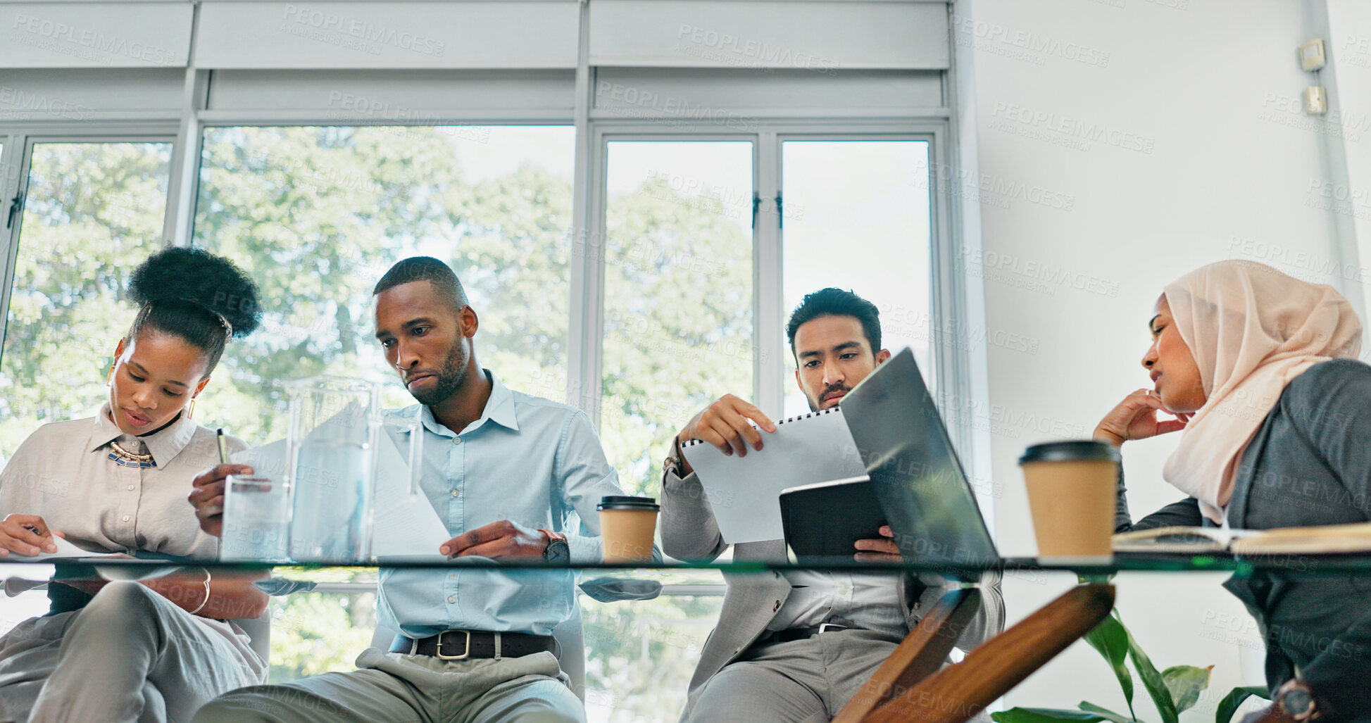 Buy stock photo Meeting, teamwork and documents with a group of business people in a boardroom together for strategy. Collaboration, technology or finance with an employee team in an office for game plan discussion