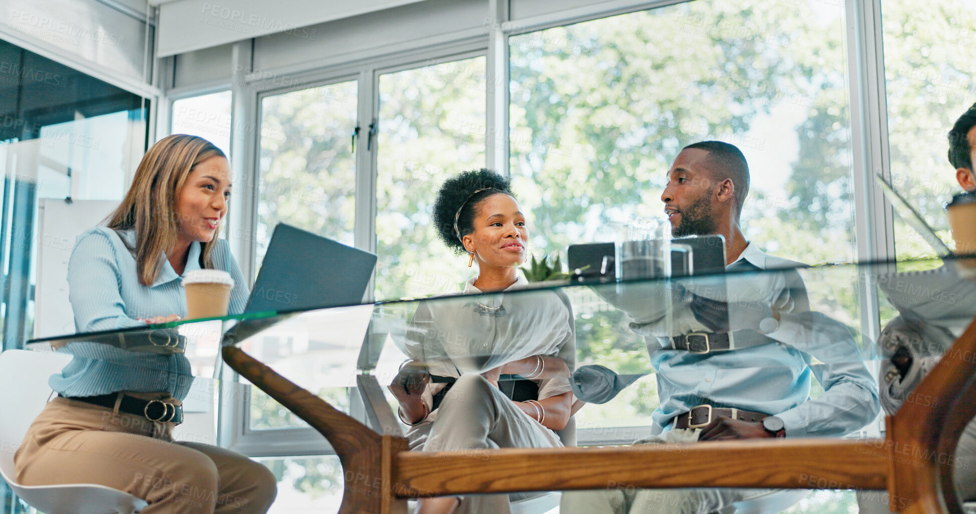 Buy stock photo Teamwork, meeting and business people in the office in discussion for planning legal case. Collaboration, career and group of attorneys working on a law project in boardroom in the workplace together