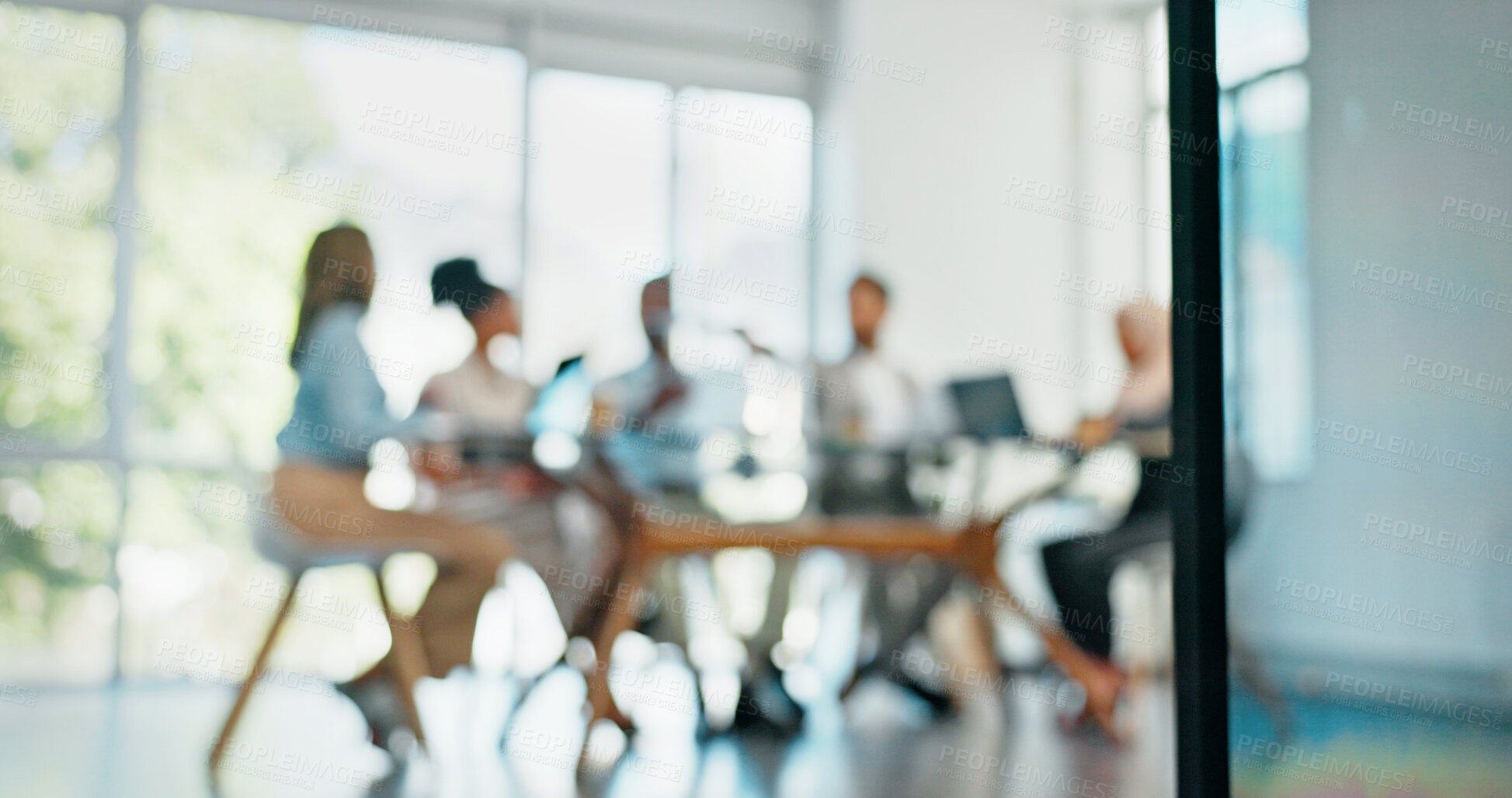 Buy stock photo Blurred background, meeting for strategy and a business team in the boardroom together for collaboration. Teamwork, management and planning with a professional employee group in a corporate office