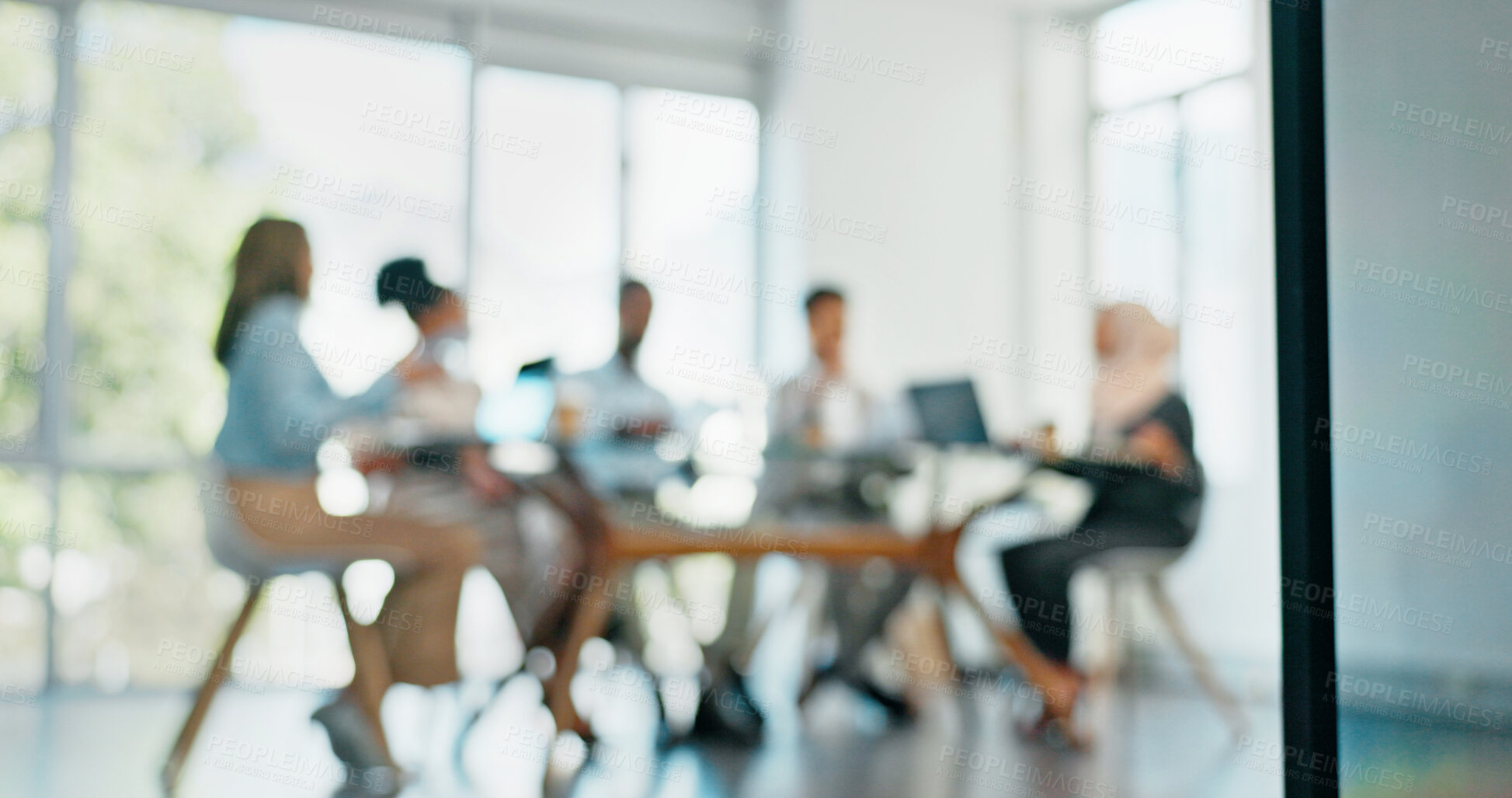 Buy stock photo Blurred background, management meeting and a business team in the boardroom together for collaboration. Teamwork, planning and growth with a professional employee group in a corporate office